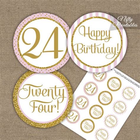 24th Birthday Cupcake Toppers Pink Gold Nifty Printables