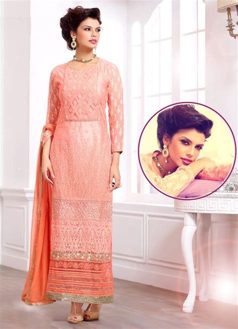 Peach Georgette Pakistani Style Suit 56701 Salwar Kameez Designs