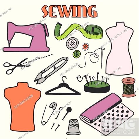 Sewing Set Hand Drawn Cartoon Sewing Tools Doodle Drawing Stock