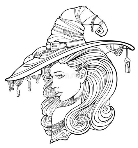 Witch Surrounded By Friendly Coloring Page For Adults Witch Surrounded By Ghosts Royalty Fre