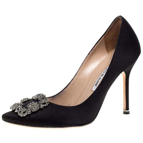 Manolo Blahnik Black Satin Hangisi Crystal Embellished Pumps Size 385 At 1stdibs