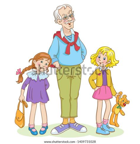 Fashionable Grandfather Two Granddaughters Cartoon Style Stock Vector