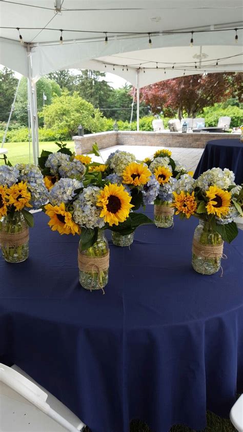 Sunflower And Hydrangea In Mason Jars Sunflower Centerpieces Wedding