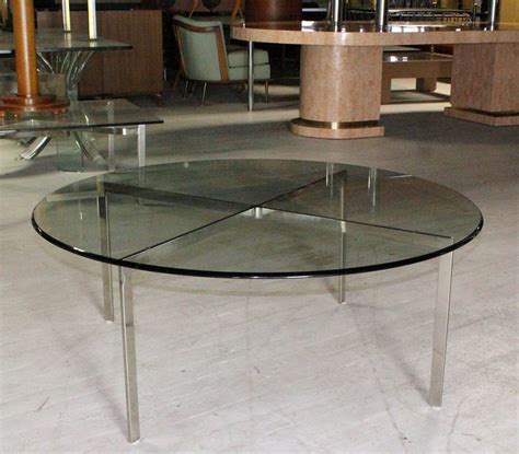 Mid Century Modern Chrome X Base Thick Round Glass Top Coffee Table For