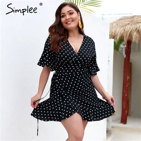 Simplee Sexy Polka Dots Ruffle Women Dress Plus Size Summer V Neck