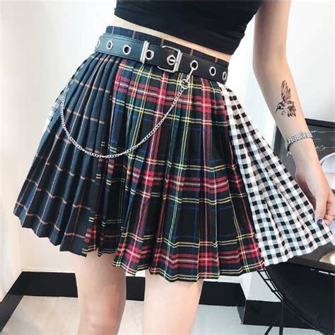 women asymmetrical skirts summer high waist a line mini skirt belted plaid skirt punk female