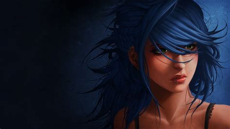 Blue Haired Anime Wallpaper Artwork Blue Hair Green Eyes Women Piercing Digital Art Blue