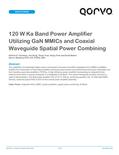 120 W Ka Band Power Amplifier Utilizing Gan Mmics And