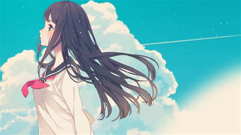 Wallpaper Illustration Long Hair Anime Girls Sky Clouds Babe Uniform Blushing