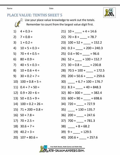 Decimal Place Value Worksheets 4th Grade