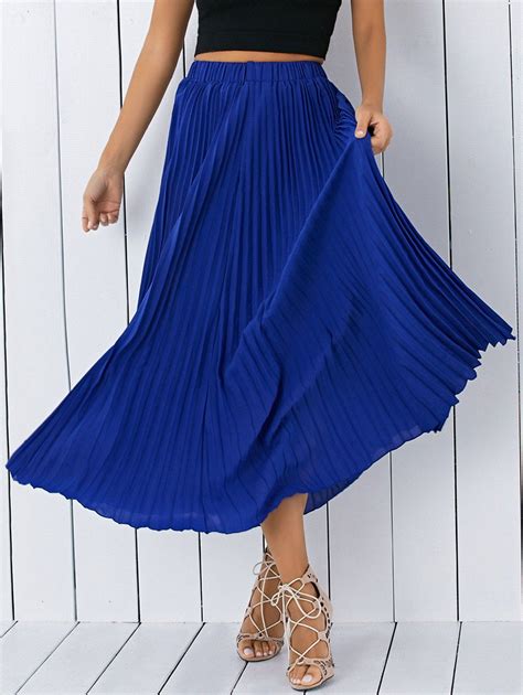 [17 Off] 2021 High Waisted Pleated Chiffon Tea Length Skirt In Blue Dresslily