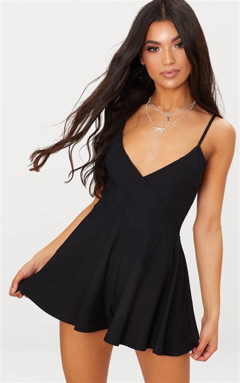 Black Crepe Strappy Wrap Playsuit Prettylittlething
