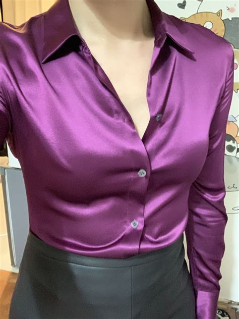 Woman Shirt Feminine Top Purple Satin Satin Blouses Pussy Bow