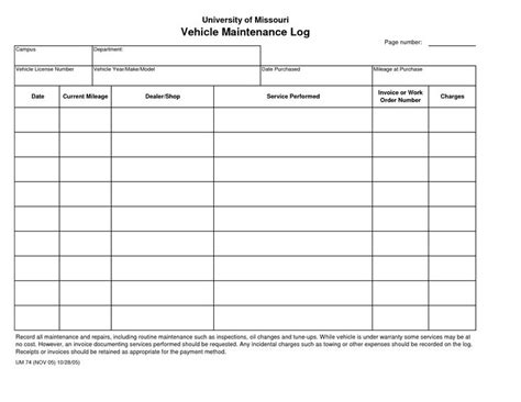 printable vehicle maintenance log template maintenance