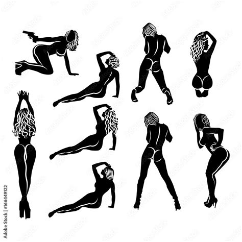 A Large Set Of Nine Simple Black And White Silhouettes Of Sexy Girls In Different Poses Women