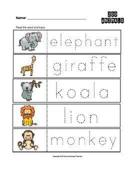 zoo animals trace  words worksheets preschoolkindergarten zoo