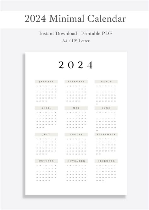 2024 Minimalist Calendar Printable 2024 Calendar Simple Aesthetic