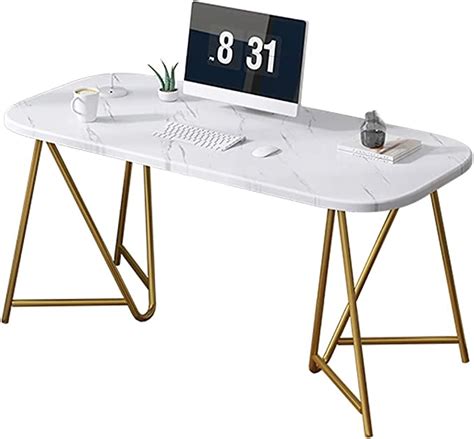 Dulplay Modern Simple Marble Computer Desk With Iron Legs