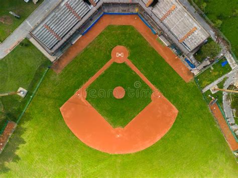 Drone Aerial View Flying Above A Outdoor Baseball Field Diamond Stock