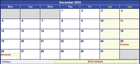 December 2022 New Zealand Calendar With Holidays For Printing Image