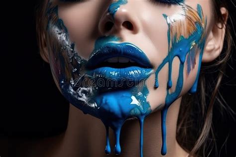 Lipstick Blue Paint Dripping Lipgloss Drops On Lips Of Beautiful Woman Mouth Illustration
