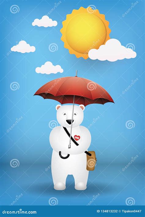 Cute Cartoon Polar Bear With A Red Umbrella Stock Vector