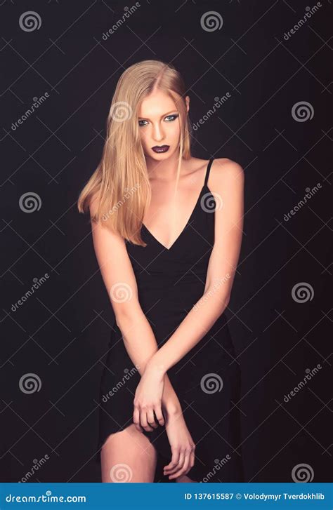 Elegant Style Of Sensual Girl Woman With Blonde Hair Isolated On Black