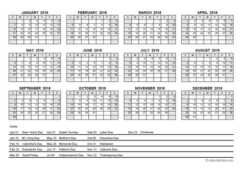 2018 Pdf Yearly Calendar With Holidays Free Printable