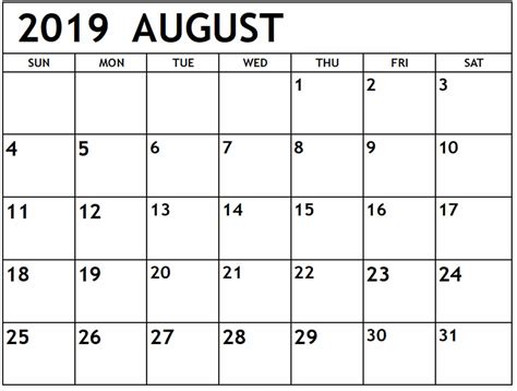 2019 August Calendar Printable Calendar