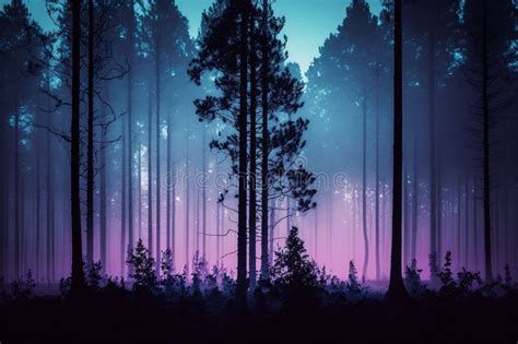 A Foggy Wood Pine Forest With Dark Trees Shillouettes And Purple Blue
