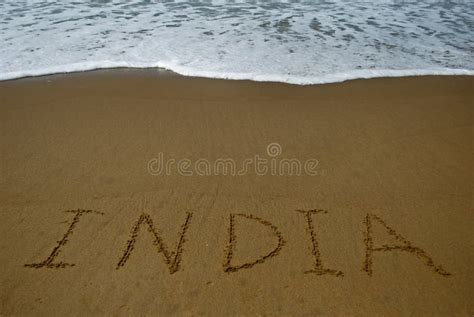 India On Sandy Beach Stock Photo Image Of Sand Written 50412284