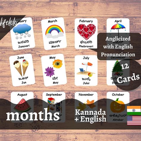 Months Of The Year Kannada Flash Cards 12 Bilingual Cards Montessori