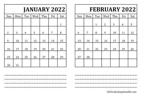 January February 2022 Calendar Printable Template Two Month Calendar