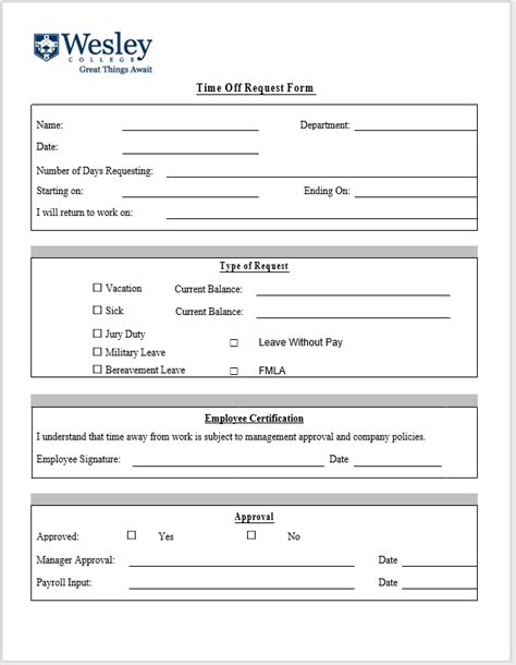 Pdf Printable Time Off Request Form Printable Forms Free Online