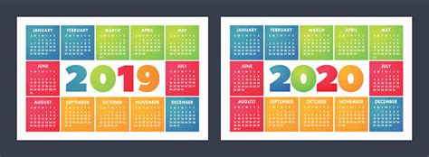 Calendar 2019 2020 Years Basic Vector Set Week Starts On Sunday Design