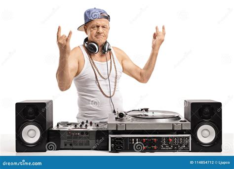 Old Dj Making Rock Hand Gestures Stock Photo Image Of Record
