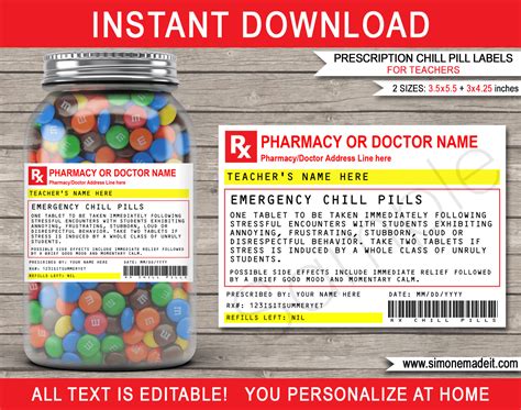 The labels include stomach, allergy, cold/cough, pain relief, prescription. Prescription Teacher Chill Pills Label Template ...