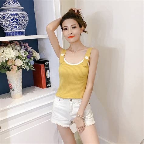 Aliexpress Com Buy Women Knitted Wide Straps Camisole Tops Korean Version Slim Buttons Camis