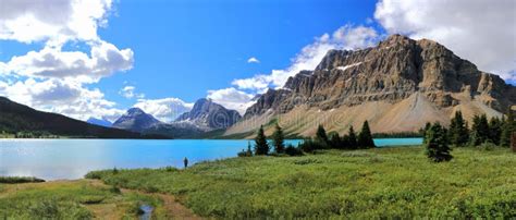Landscape Panorama Of Glacial Bow Lake In Canadian Rocky Mountains