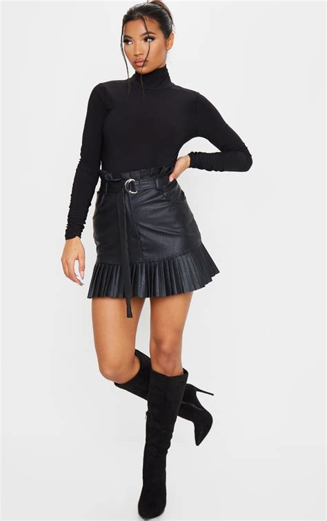 Black Faux Leather Pleated Hem Mini Skirt Prettylittlething Aus