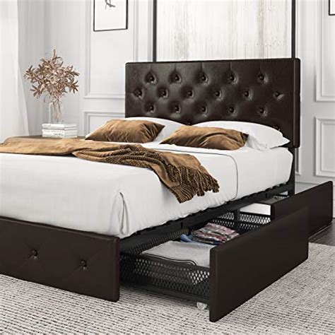 Amolife Queen Size Platform Bed Frame With 4 Storage Drawers And Wood