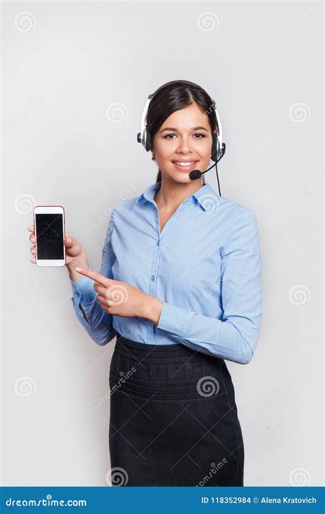 Smiling Call Center Operator Business Woman Headset Touching Stock Photo Image Of Line