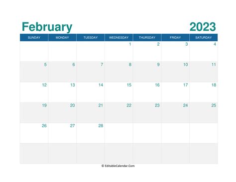 Download Printable Monthly Calendar February 2023 Word Version