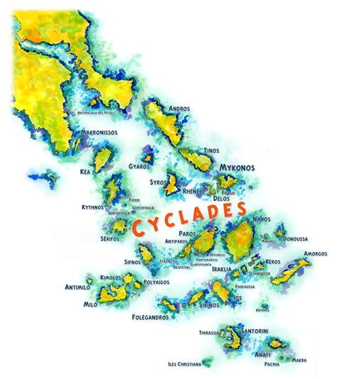 Map Of The Cyclades Islands Handpainted