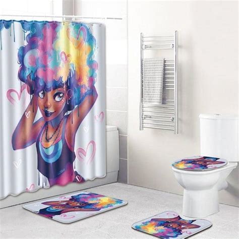 African American Bathroom Set Black Girl Shower Curtain Sets 4pcs Mela