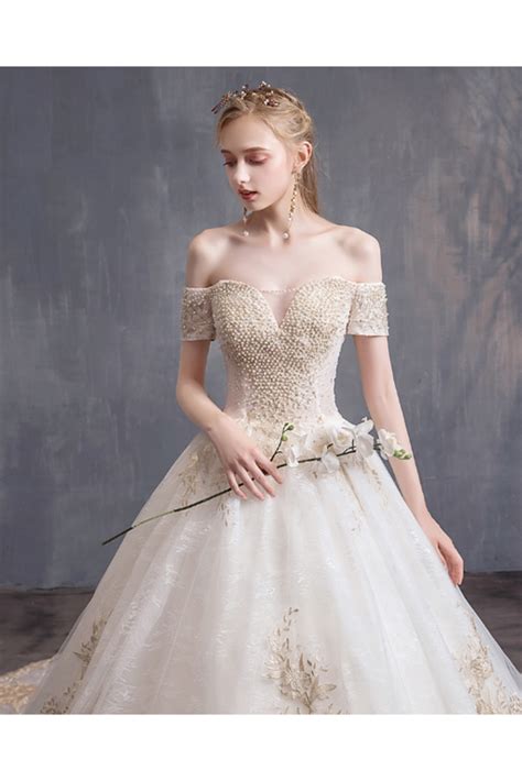 Buy Ball Gown Tulle Wedding Dresses Off The Shoulder Appliques Beads