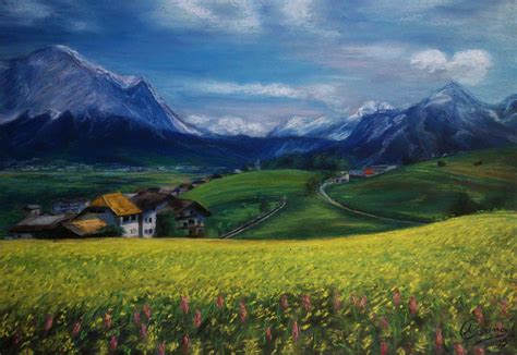 paisaje natural realizado con la técnica del pastel ...