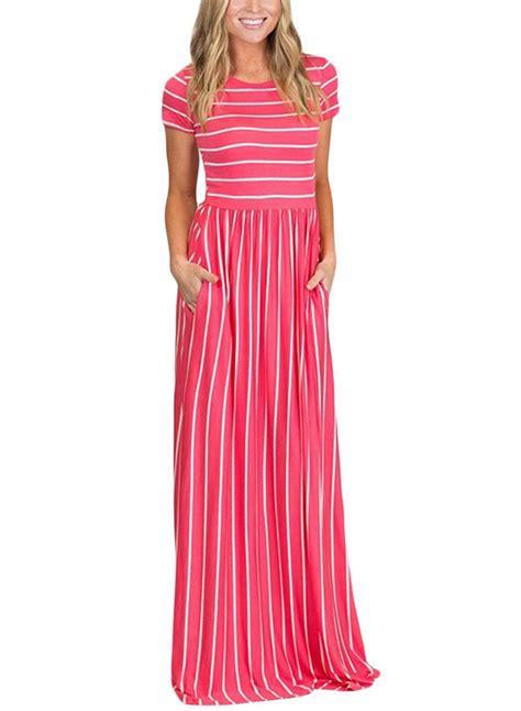 Womens Summer Casual Loose Striped Long Dress Short Sleeve Pocket Maxi