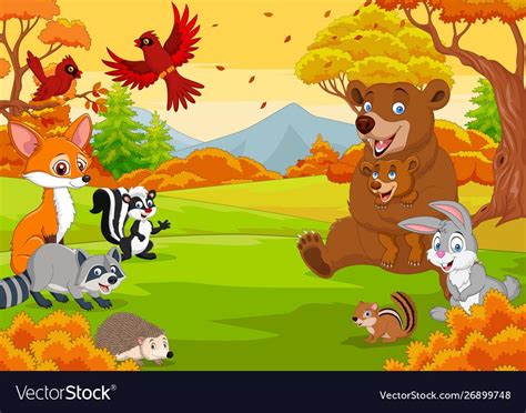 Illustration Of Cartoon Wild Animals In The Autumn Forest Download A