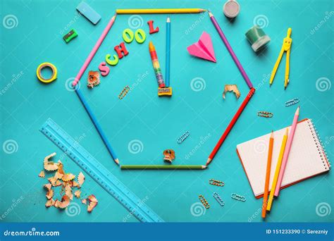 Composition With Different School Stationery On Color Background Stock